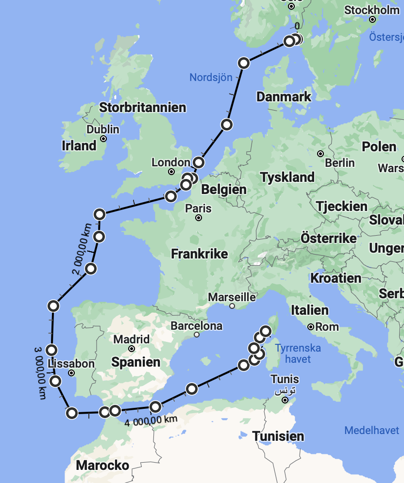 Sunbeams expedition toll Medelhavet -- förenklad karta